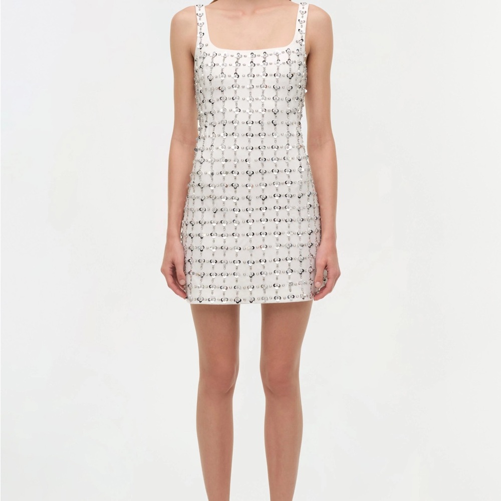 Embellished White Mini Dress with Square Neck